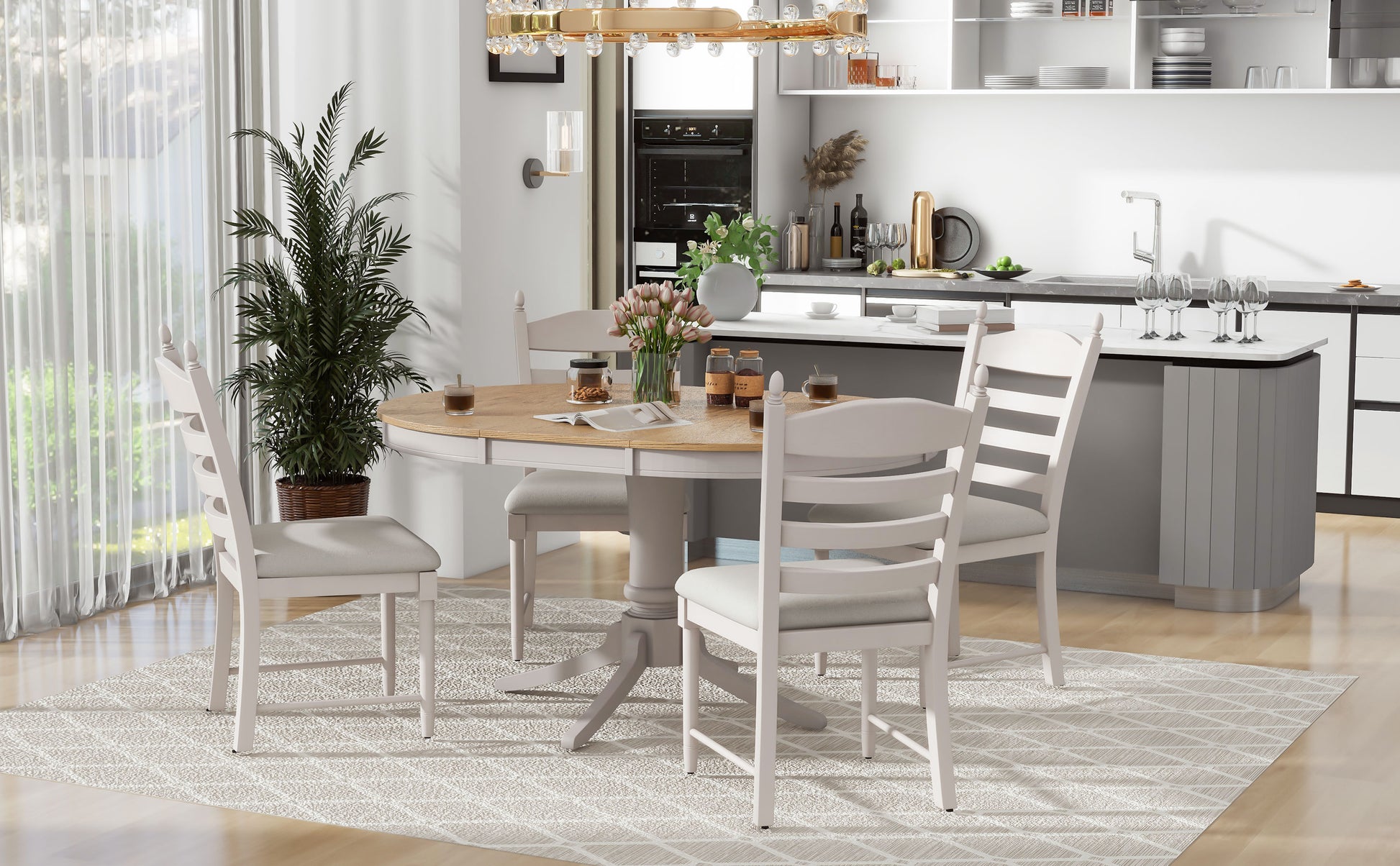 TREXM 5-Piece Retro Functional Dining Table Set Wood Round Extendable Dining Table and 4 Upholstered Dining Chairs (Off White) image 5