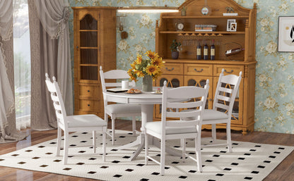 TREXM 5-Piece Retro Functional Dining Table Set Wood Round Extendable Dining Table and 4 Upholstered Dining Chairs (Antique White) image 7