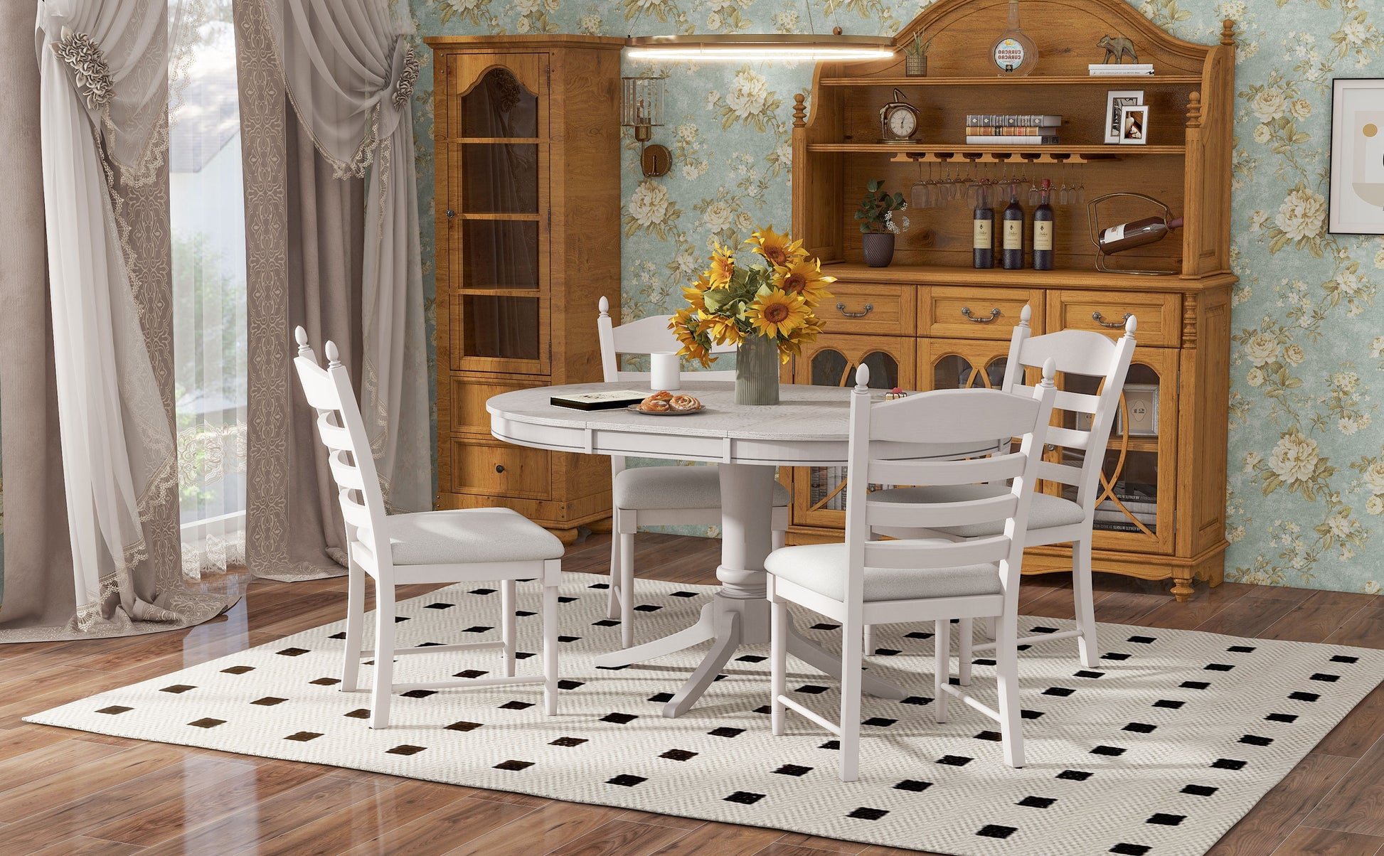 TREXM 5-Piece Retro Functional Dining Table Set Wood Round Extendable Dining Table and 4 Upholstered Dining Chairs (Antique White) image 6
