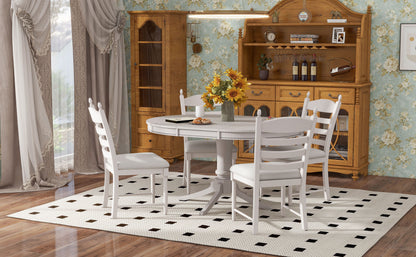 TREXM 5-Piece Retro Functional Dining Table Set Wood Round Extendable Dining Table and 4 Upholstered Dining Chairs (Antique White) image 6