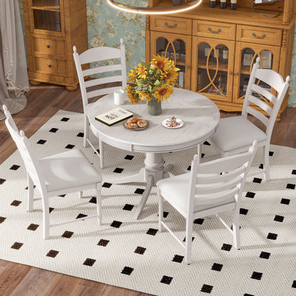 TREXM 5-Piece Retro Functional Dining Table Set Wood Round Extendable Dining Table and 4 Upholstered Dining Chairs (Antique White) image 5