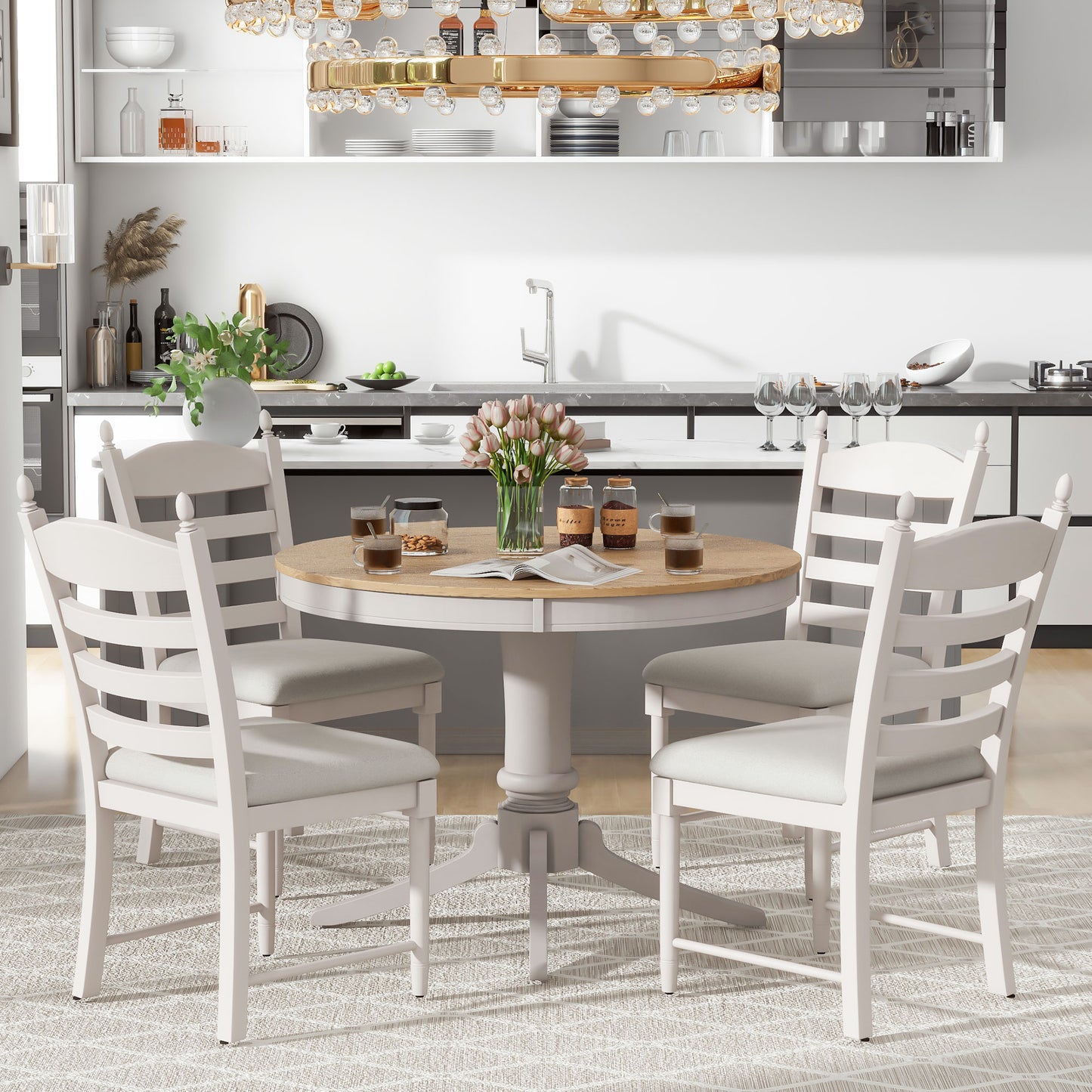 TREXM 5-Piece Retro Functional Dining Table Set Wood Round Extendable Dining Table and 4 Upholstered Dining Chairs (Off White) image 3