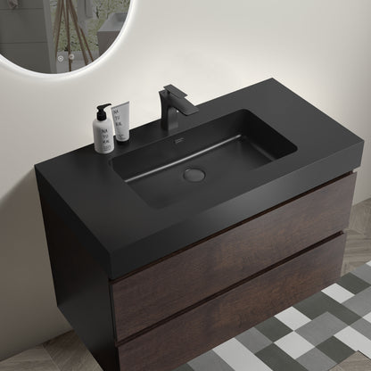 Alice 36" Walnut Bathroom Vanity with Sink, Large Storage Wall Mounted Floating Bathroom Vanity for Modern Bathroom, One-Piece Black Sink Basin without Drain and Faucet, Pre-assembled image 3