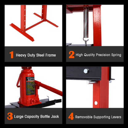 Hydraulic Shop Press,12-Ton Capacity, Floor Mount,with Press Plates, H-Frame Garage Floor Press, Adjustable Working Table Height,red image 5