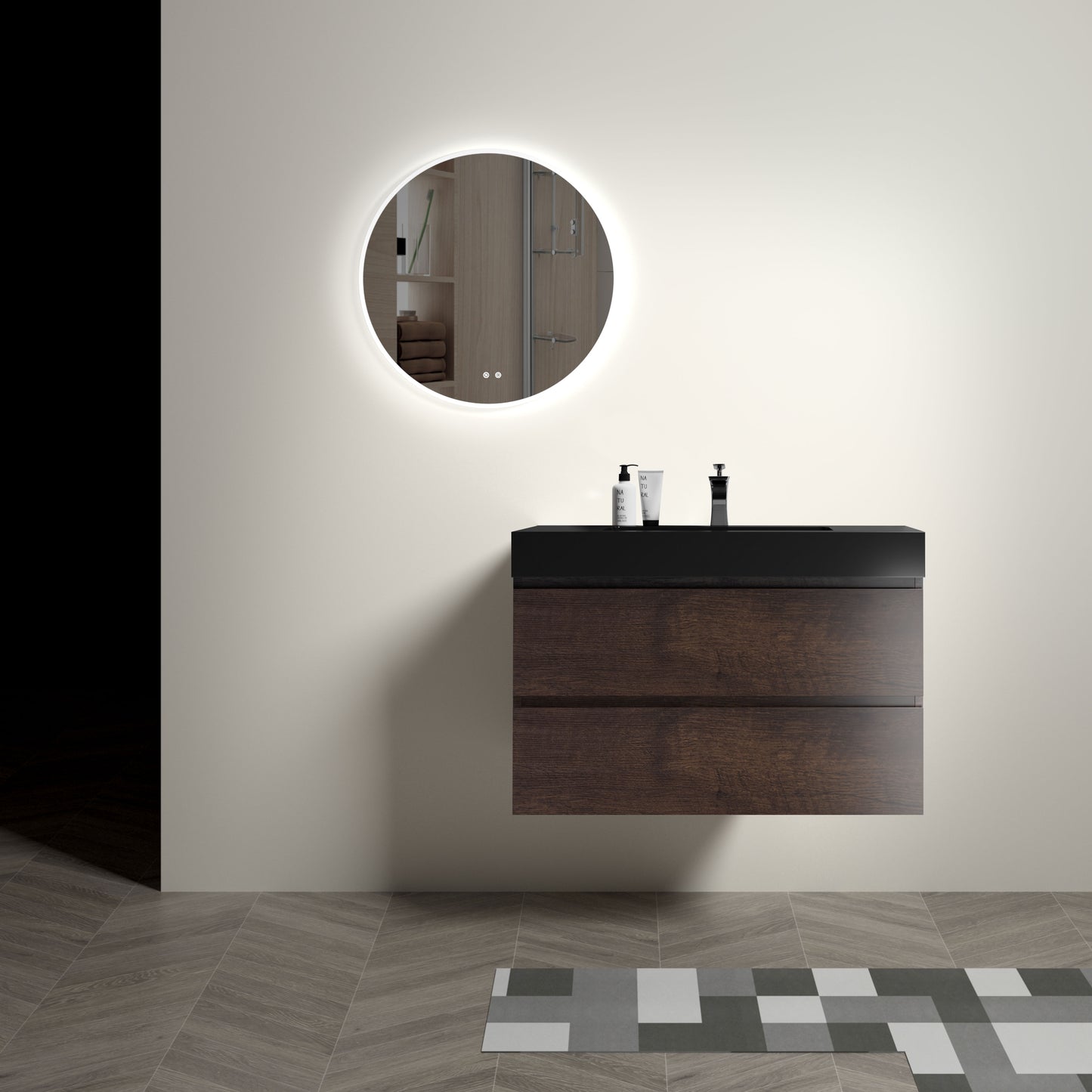 Alice 36" Walnut Bathroom Vanity with Sink, Large Storage Wall Mounted Floating Bathroom Vanity for Modern Bathroom, One-Piece Black Sink Basin without Drain and Faucet, Pre-assembled image 2