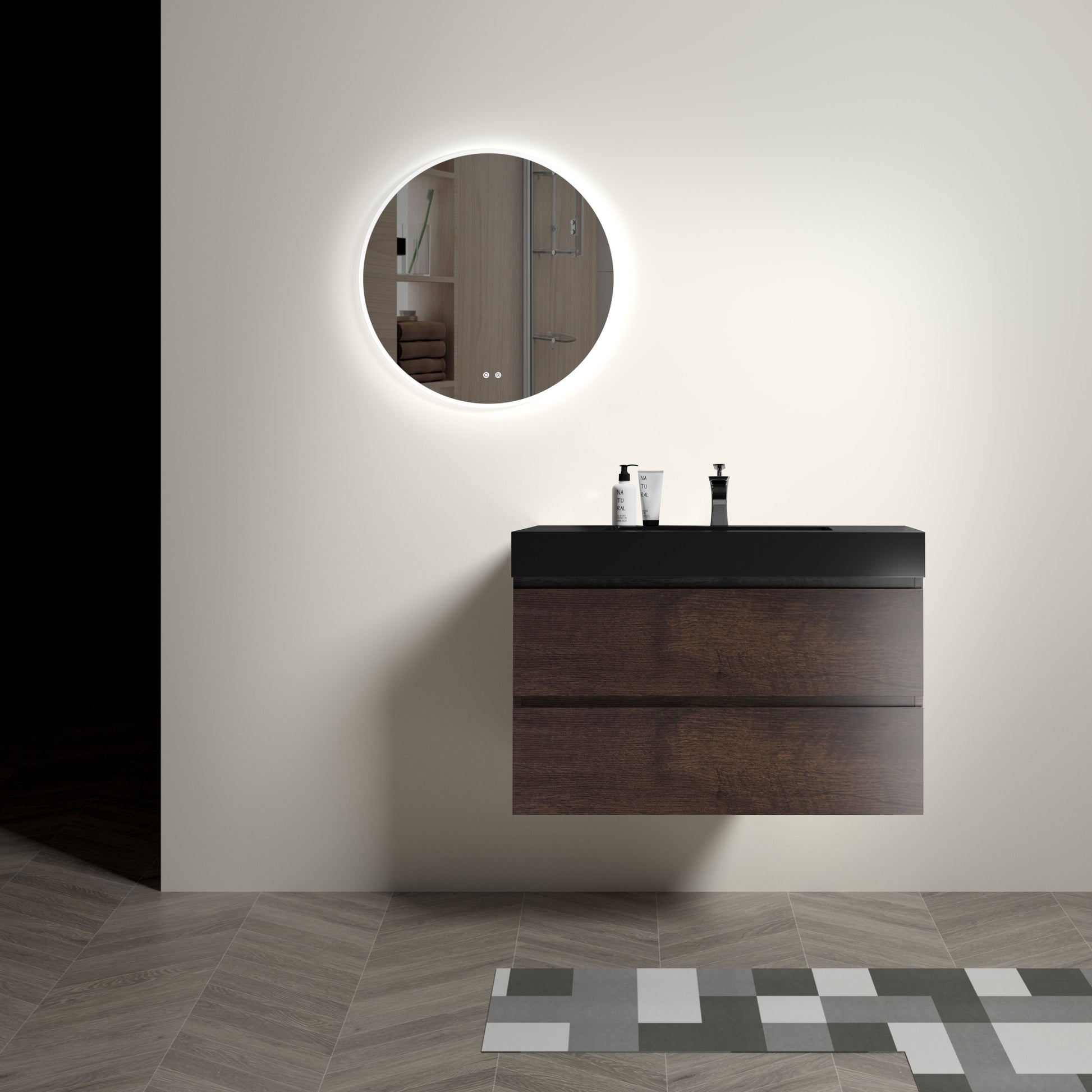 Alice 36" Walnut Bathroom Vanity with Sink, Large Storage Wall Mounted Floating Bathroom Vanity for Modern Bathroom, One-Piece Black Sink Basin without Drain and Faucet, Pre-assembled image 2