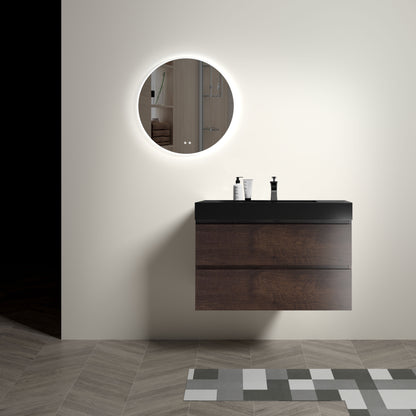 Alice 36" Walnut Bathroom Vanity with Sink, Large Storage Wall Mounted Floating Bathroom Vanity for Modern Bathroom, One-Piece Black Sink Basin without Drain and Faucet, Pre-assembled image 2