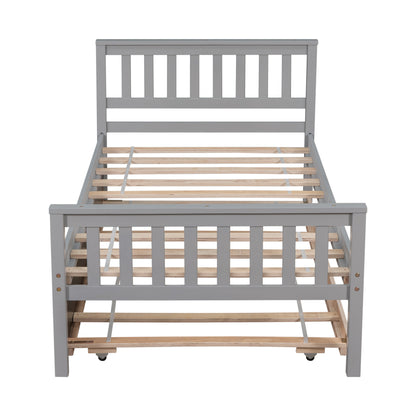 Twin Bed with Trundle, Platform Bed Frame with Headboard and Footboard, for Bedroom Small Living Space,No Box Spring Needed,Grey image 2
