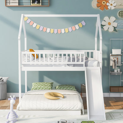 Twin over Full House Bunk Bed with Slide and Built-in Ladder, Full-Length Guardrail, White image 3