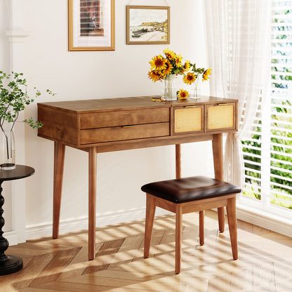 43.3" Classic Wood Makeup Vanity Set with Flip-top Mirror and Stool, Dressing Table with Three Drawers and storage space, Brown image 1