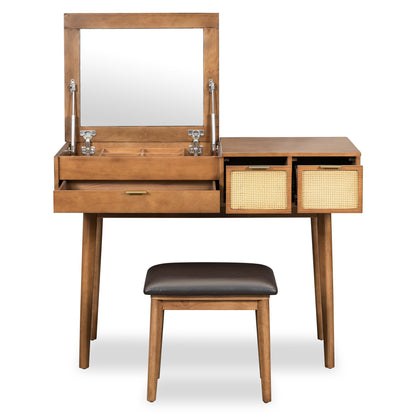 43.3" Classic Wood Makeup Vanity Set with Flip-top Mirror and Stool, Dressing Table with Three Drawers and storage space, Brown image 12