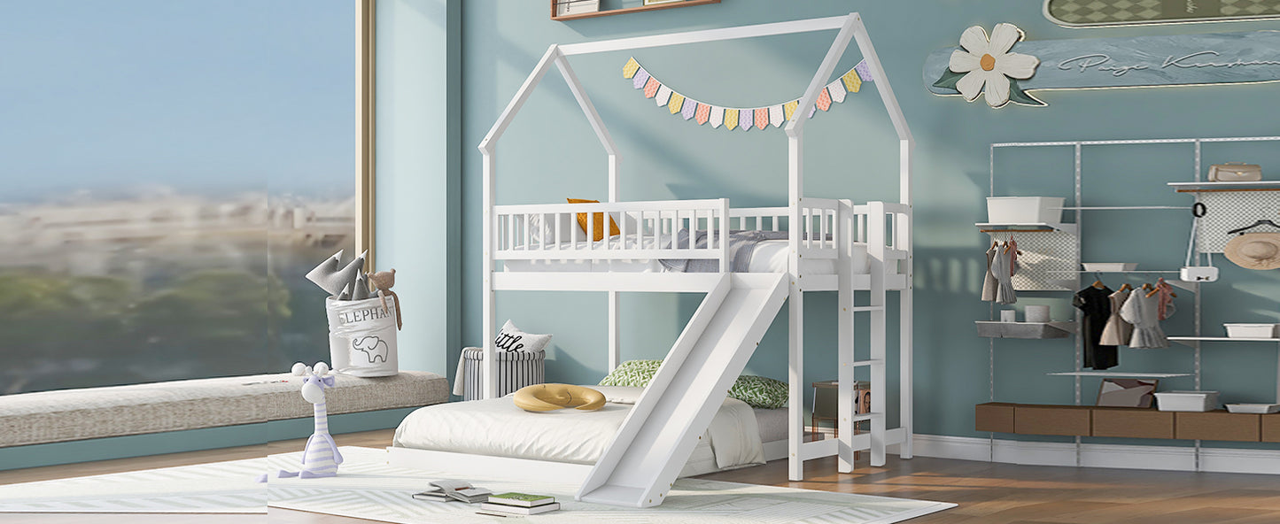 Twin over Full House Bunk Bed with Slide and Built-in Ladder, Full-Length Guardrail, White image 5