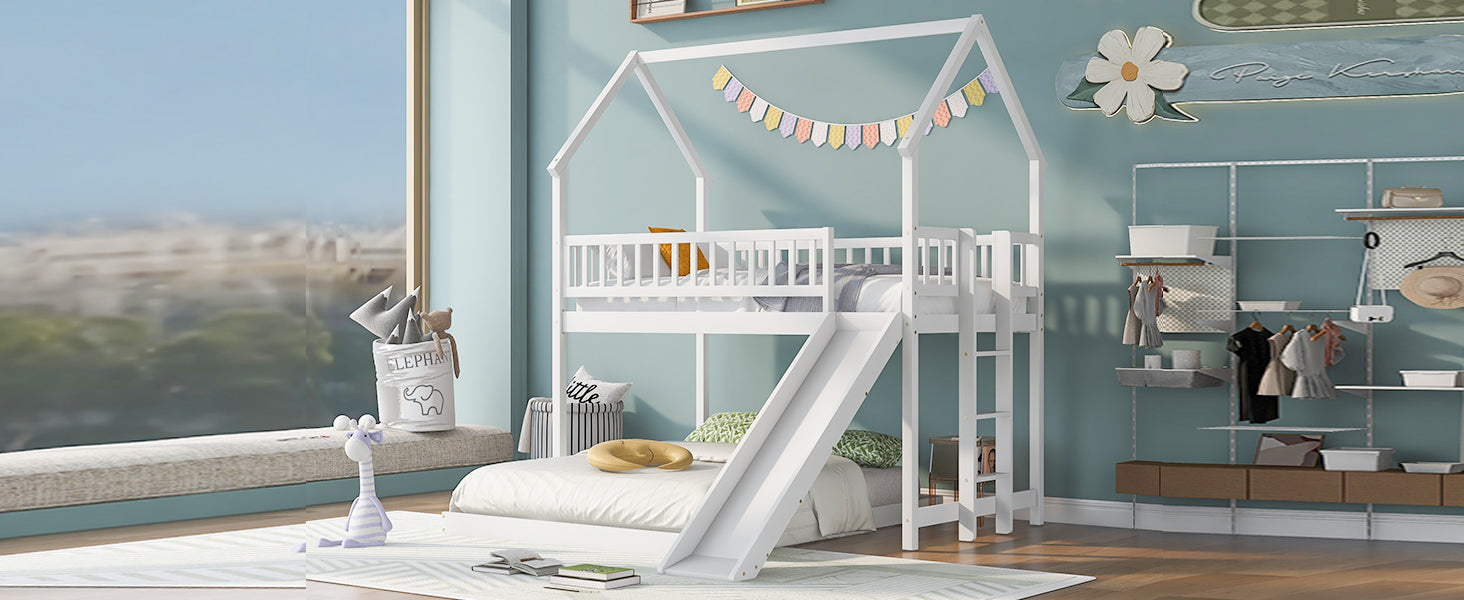 Twin over Full House Bunk Bed with Slide and Built-in Ladder, Full-Length Guardrail, White image 5