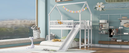 Twin over Full House Bunk Bed with Slide and Built-in Ladder, Full-Length Guardrail, White image 5
