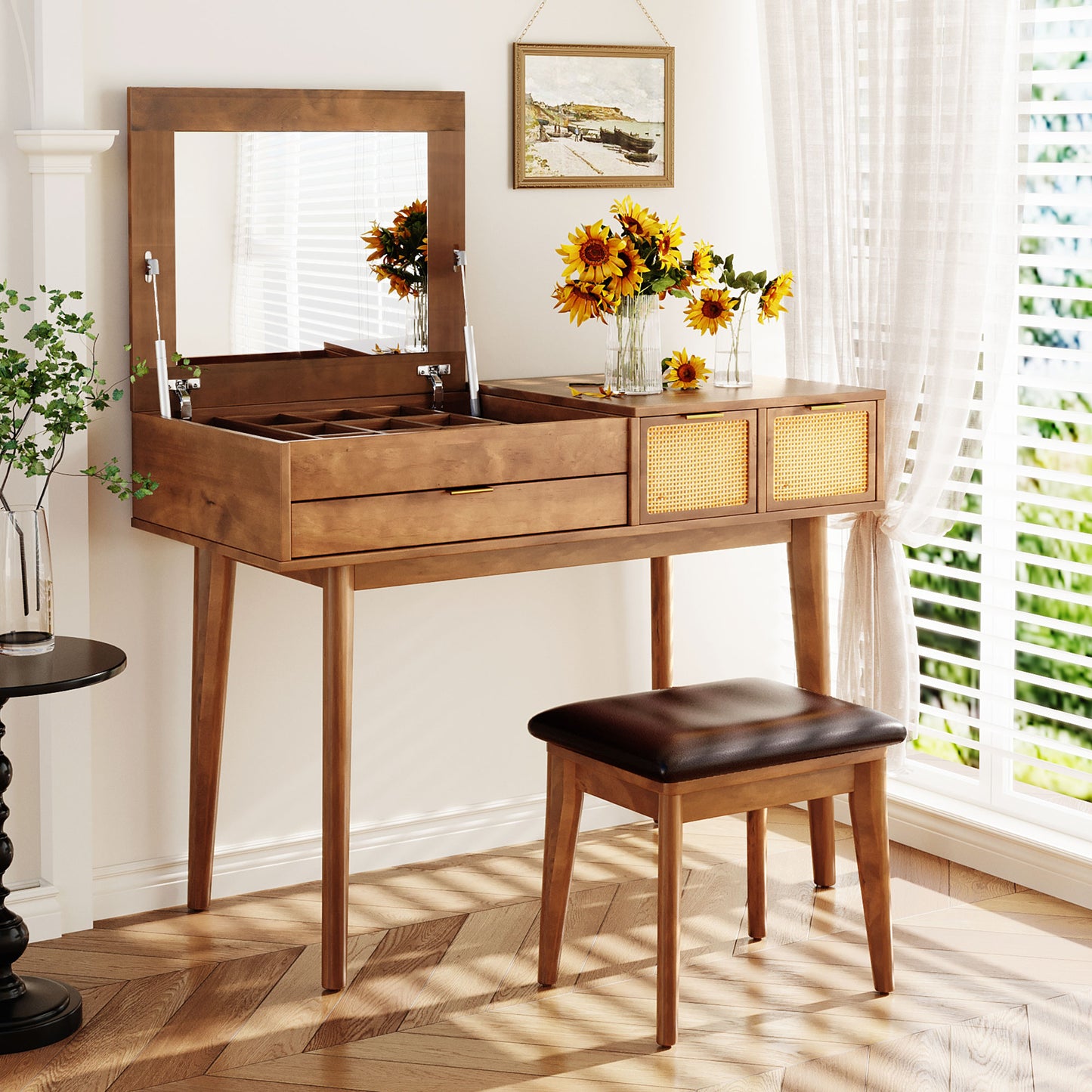 43.3" Classic Wood Makeup Vanity Set with Flip-top Mirror and Stool, Dressing Table with Three Drawers and storage space, Brown image 2