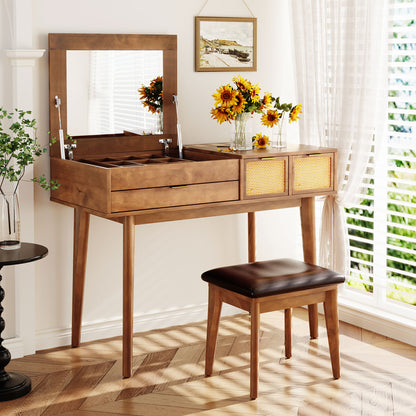 43.3" Classic Wood Makeup Vanity Set with Flip-top Mirror and Stool, Dressing Table with Three Drawers and storage space, Brown image 2