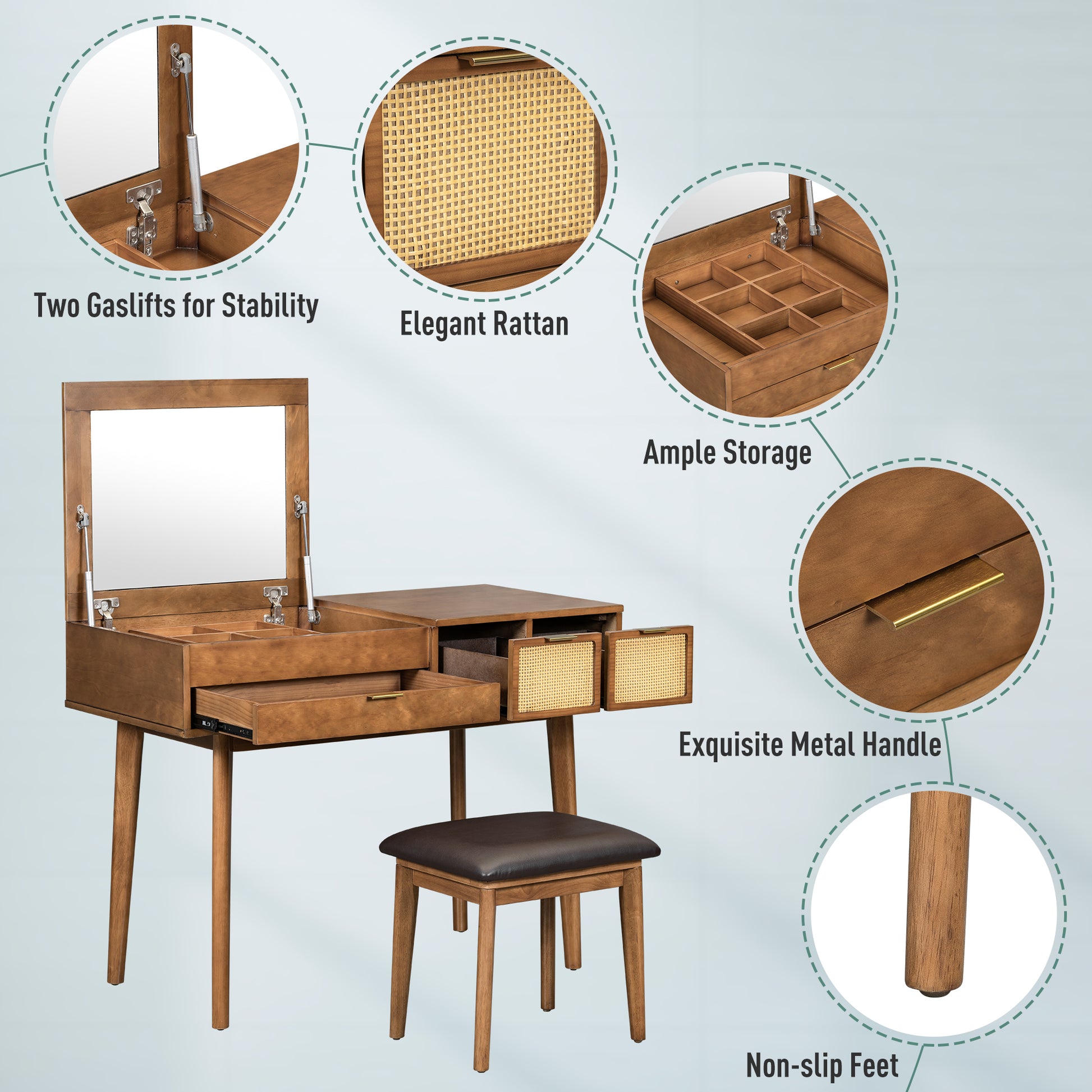 43.3" Classic Wood Makeup Vanity Set with Flip-top Mirror and Stool, Dressing Table with Three Drawers and storage space, Brown image 3