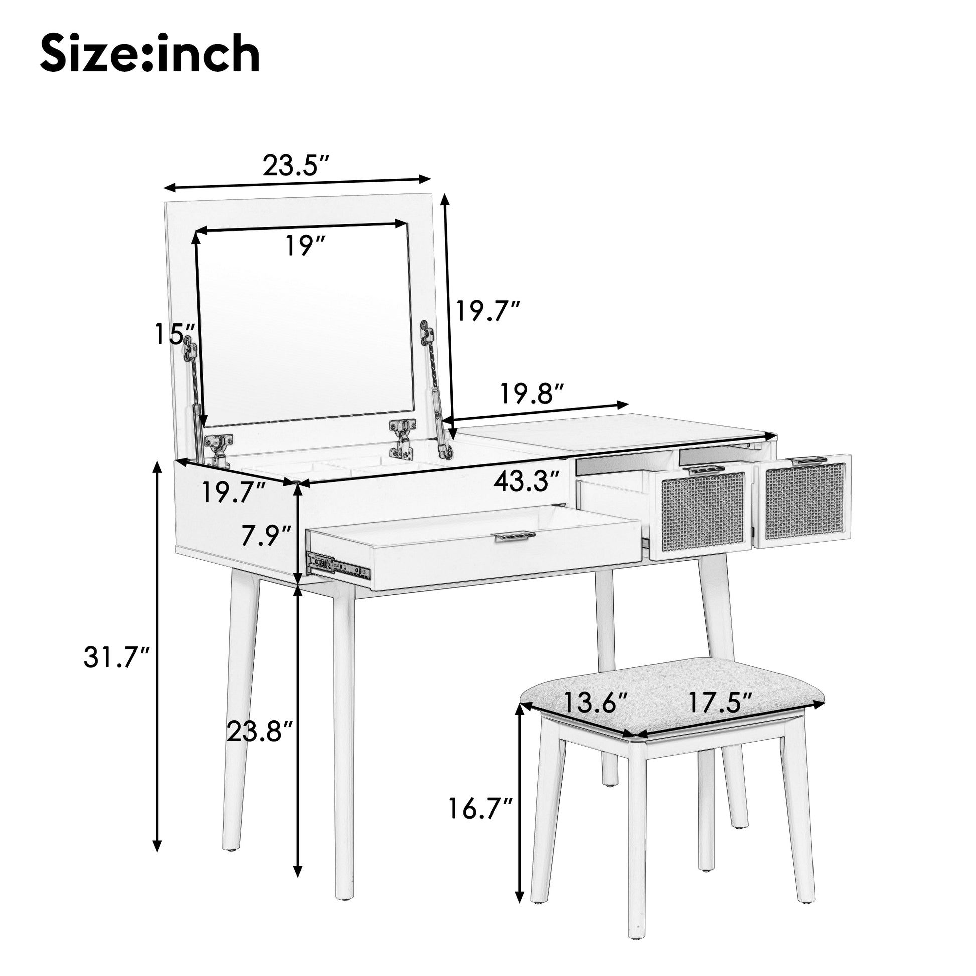 43.3" Classic Wood Makeup Vanity Set with Flip-top Mirror and Stool, Dressing Table with Three Drawers and storage space, Brown image 7