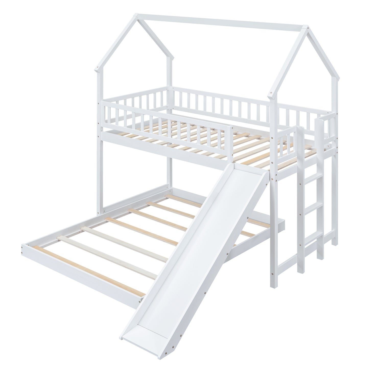 Twin over Full House Bunk Bed with Slide and Built-in Ladder, Full-Length Guardrail, White image 8