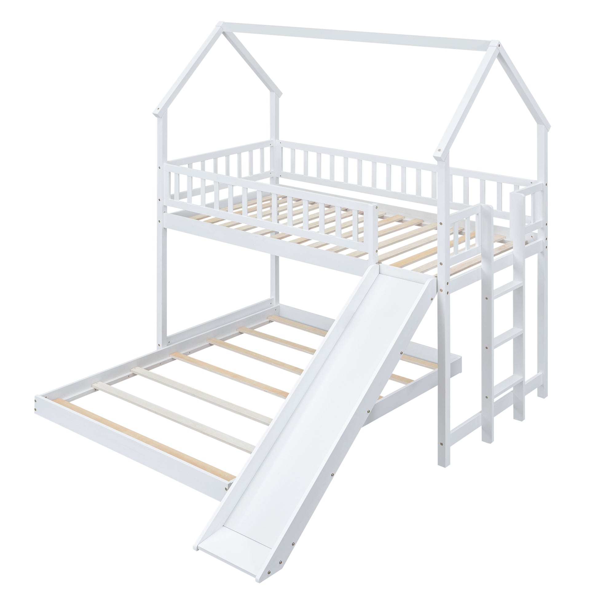 Twin over Full House Bunk Bed with Slide and Built-in Ladder, Full-Length Guardrail, White image 8
