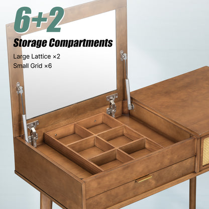 43.3" Classic Wood Makeup Vanity Set with Flip-top Mirror and Stool, Dressing Table with Three Drawers and storage space, Brown image 4