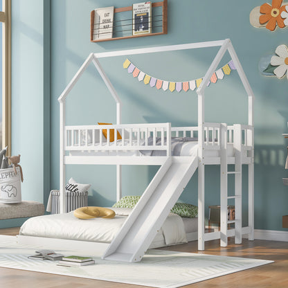 Twin over Full House Bunk Bed with Slide and Built-in Ladder, Full-Length Guardrail, White image 1