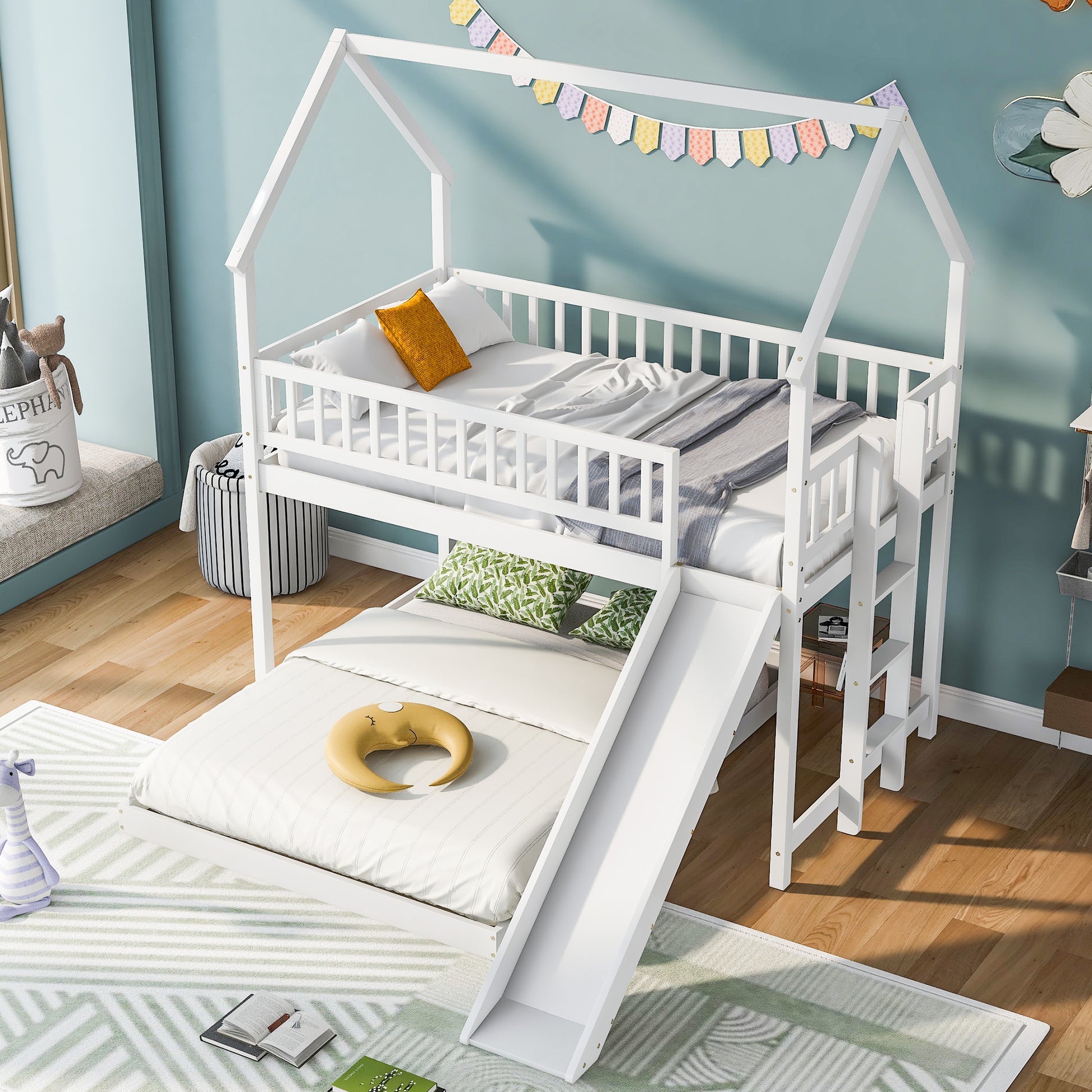 Twin over Full House Bunk Bed with Slide and Built-in Ladder, Full-Length Guardrail, White image 2
