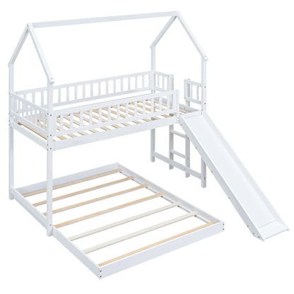 Twin over Full House Bunk Bed with Slide and Built-in Ladder, Full-Length Guardrail, White image 7