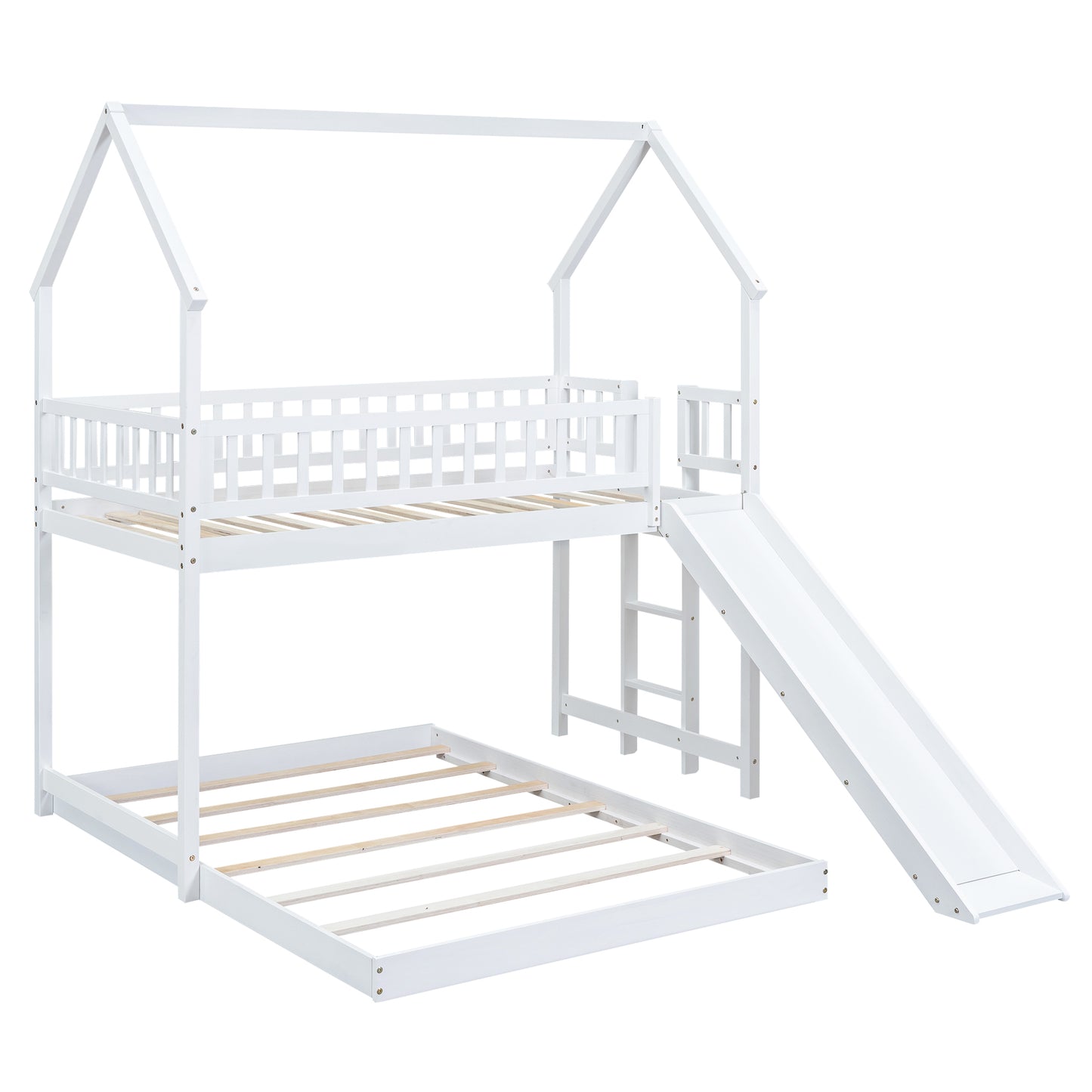 Twin over Full House Bunk Bed with Slide and Built-in Ladder, Full-Length Guardrail, White image 9