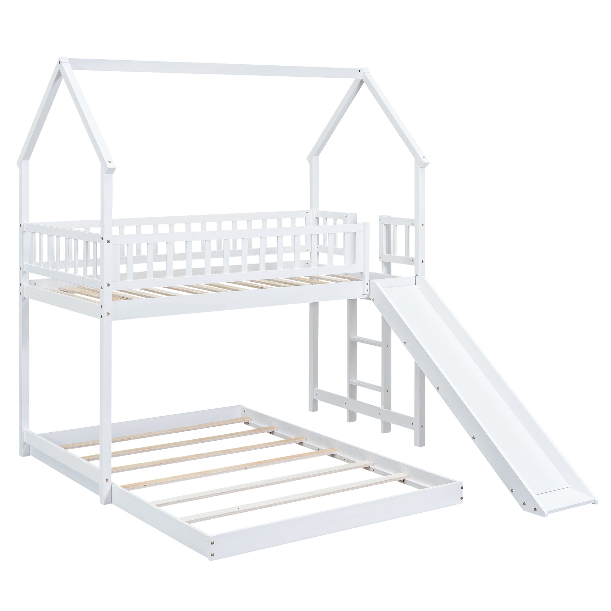 Twin over Full House Bunk Bed with Slide and Built-in Ladder, Full-Length Guardrail, White image 9