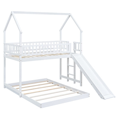 Twin over Full House Bunk Bed with Slide and Built-in Ladder, Full-Length Guardrail, White image 9