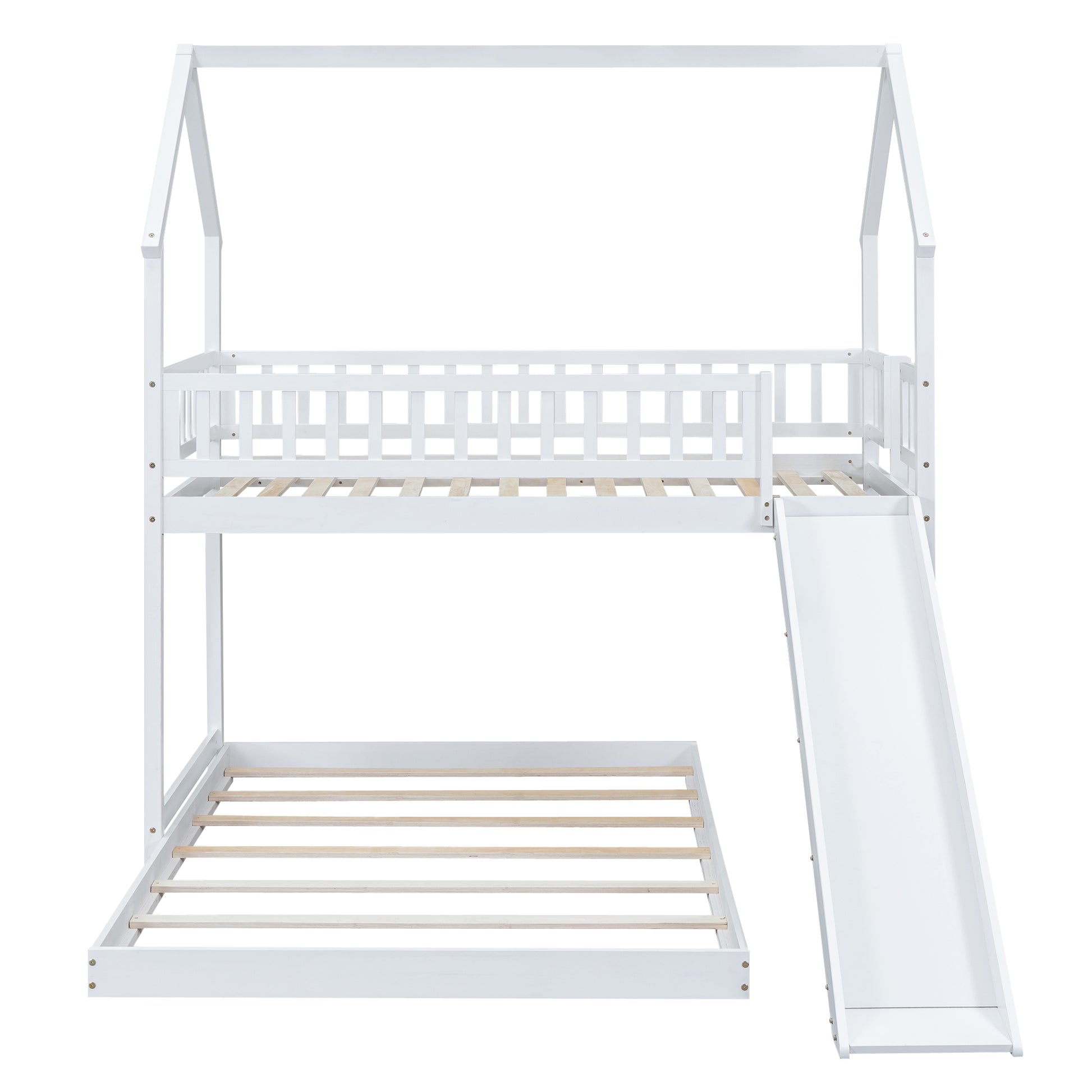 Twin over Full House Bunk Bed with Slide and Built-in Ladder, Full-Length Guardrail, White image 11