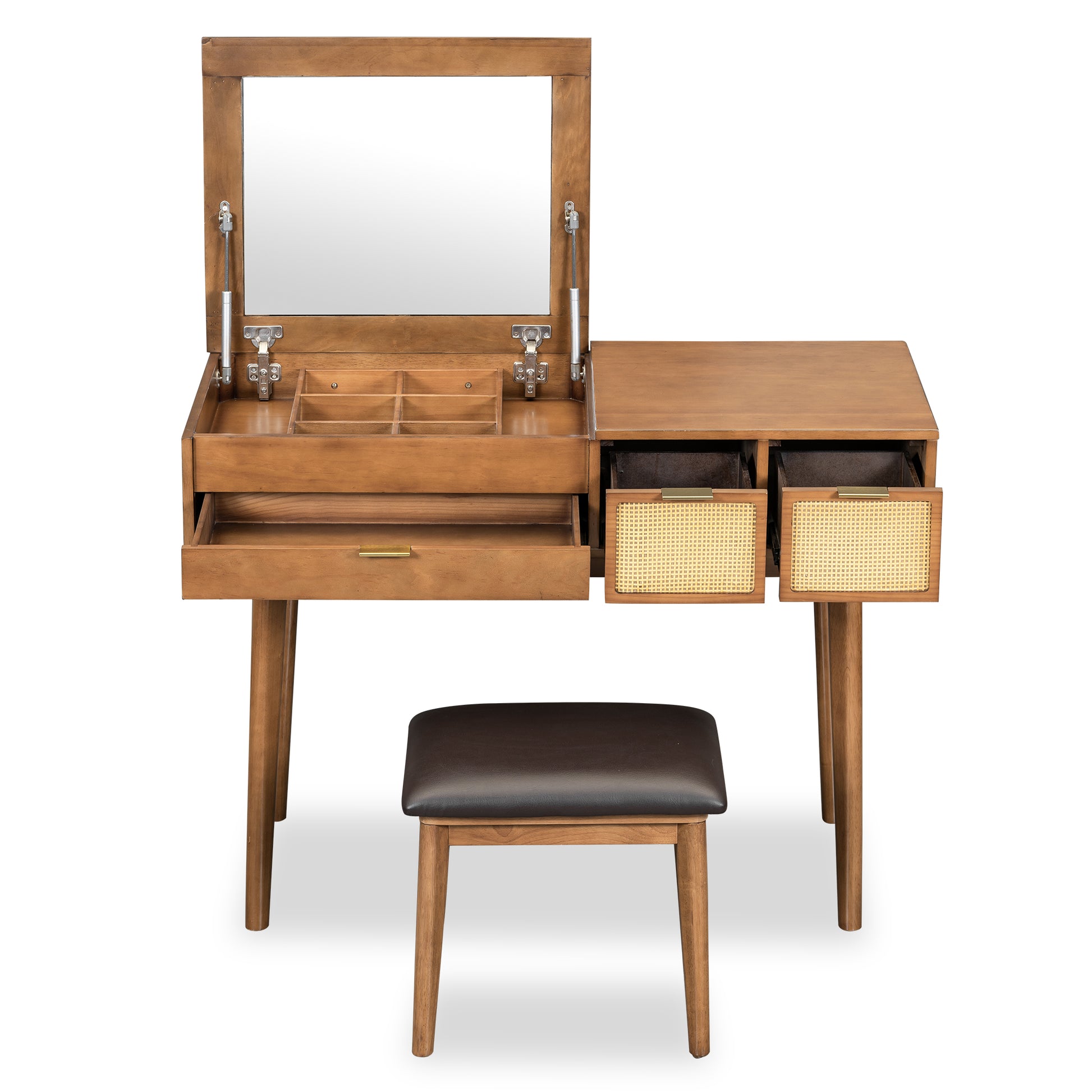 43.3" Classic Wood Makeup Vanity Set with Flip-top Mirror and Stool, Dressing Table with Three Drawers and storage space, Brown image 8