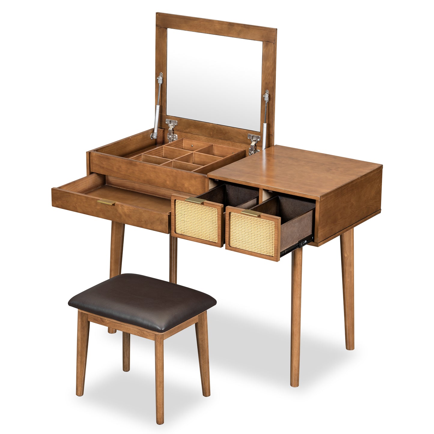 43.3" Classic Wood Makeup Vanity Set with Flip-top Mirror and Stool, Dressing Table with Three Drawers and storage space, Brown image 11