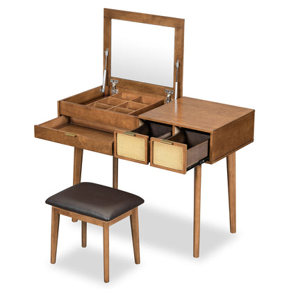 43.3" Classic Wood Makeup Vanity Set with Flip-top Mirror and Stool, Dressing Table with Three Drawers and storage space, Brown image 11