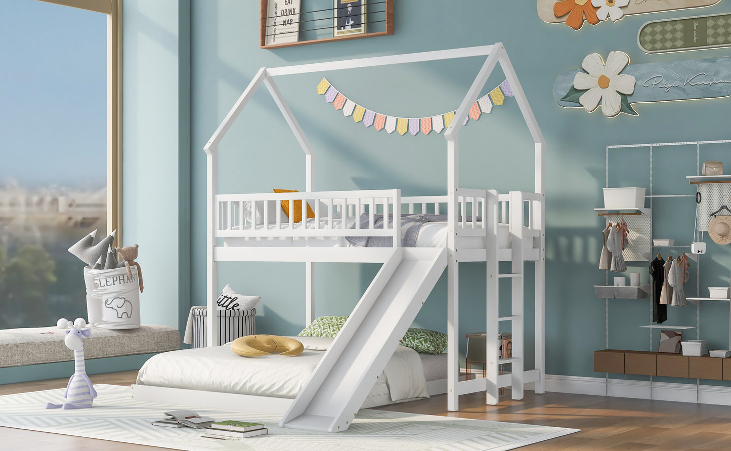 Twin over Full House Bunk Bed with Slide and Built-in Ladder, Full-Length Guardrail, White image 4