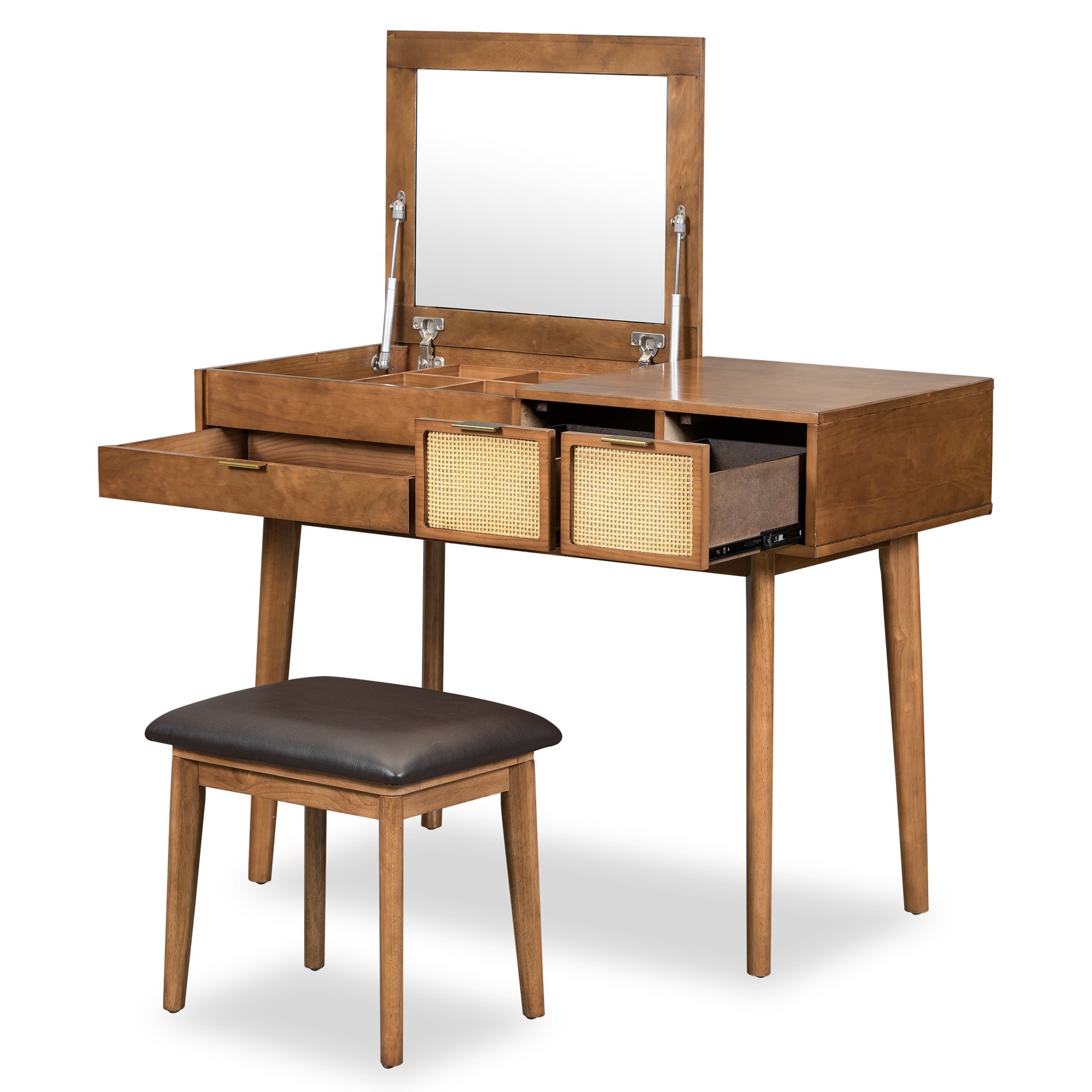 43.3" Classic Wood Makeup Vanity Set with Flip-top Mirror and Stool, Dressing Table with Three Drawers and storage space, Brown image 10