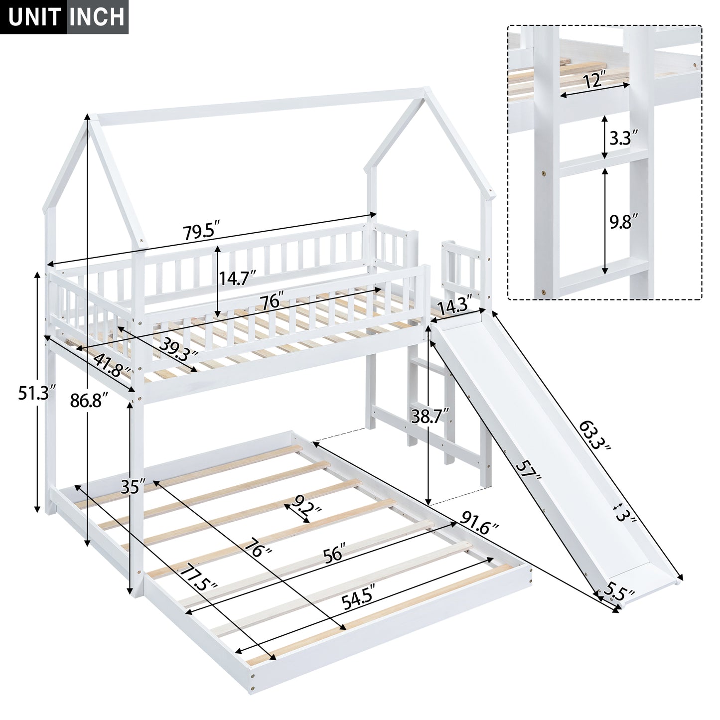 Twin over Full House Bunk Bed with Slide and Built-in Ladder, Full-Length Guardrail, White image 6