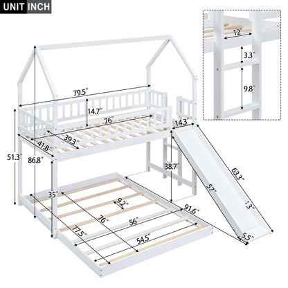 Twin over Full House Bunk Bed with Slide and Built-in Ladder, Full-Length Guardrail, White image 6