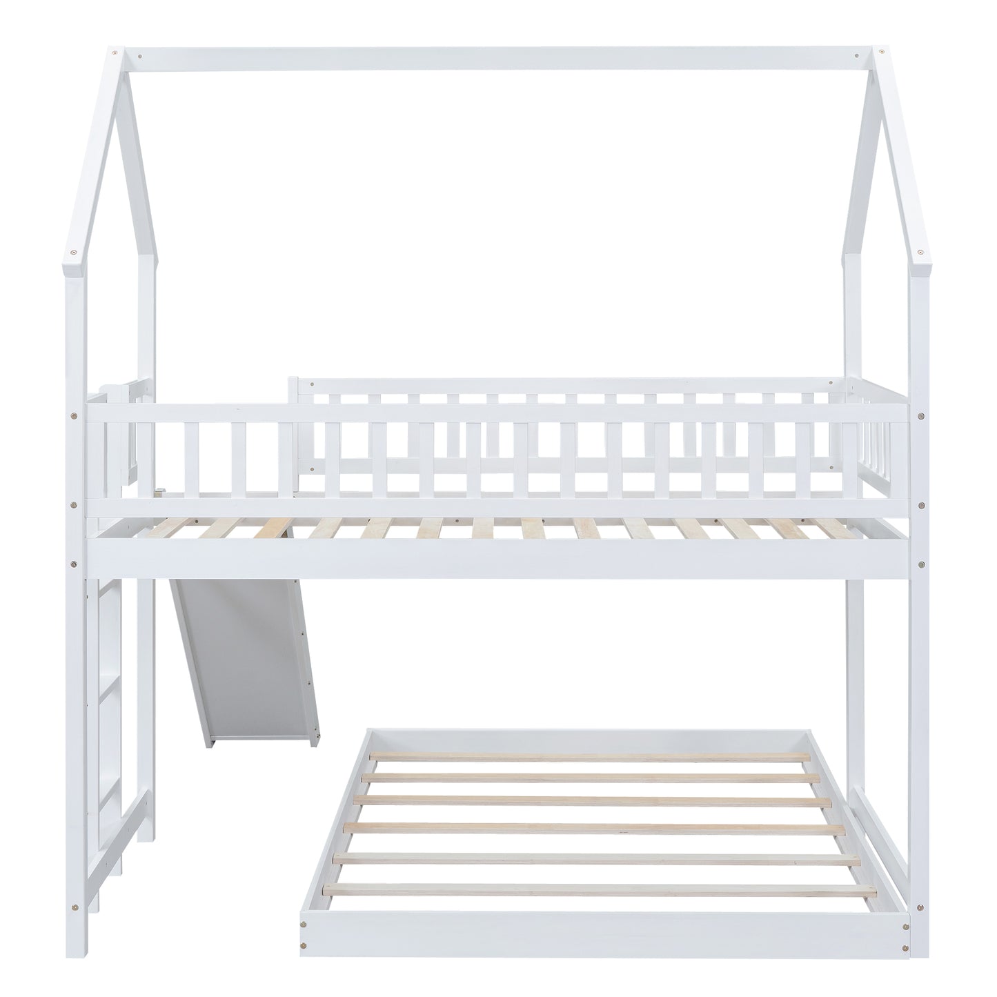 Twin over Full House Bunk Bed with Slide and Built-in Ladder, Full-Length Guardrail, White image 12