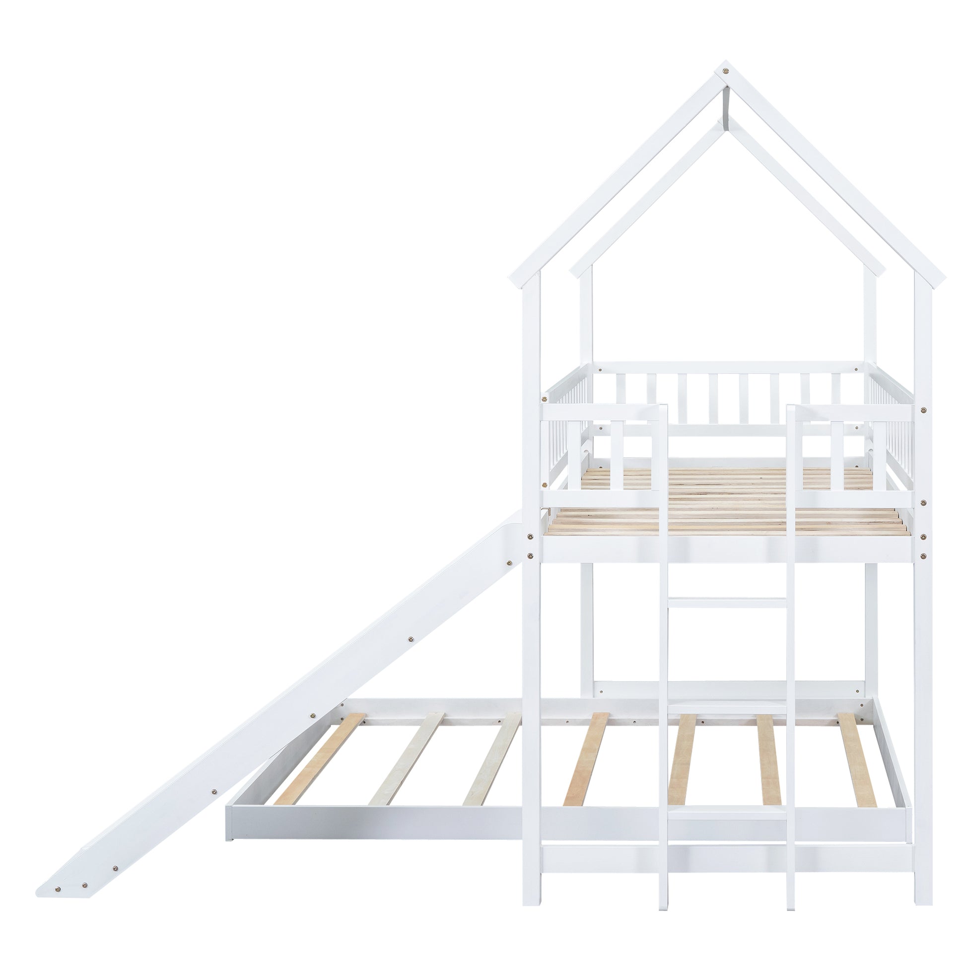 Twin over Full House Bunk Bed with Slide and Built-in Ladder, Full-Length Guardrail, White image 10