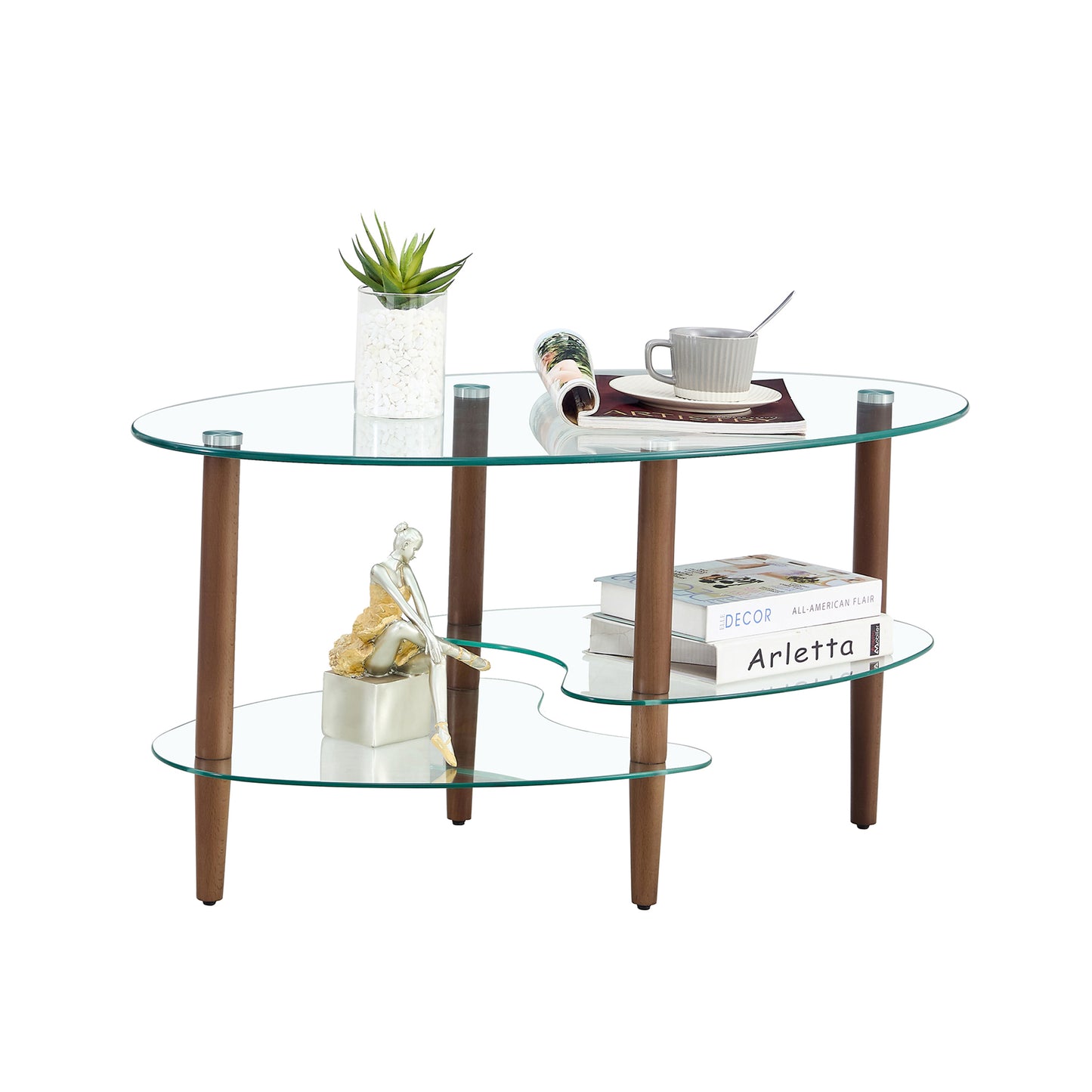Transparent Oval glass coffee table, modern table in living room Oak wood leg tea table 3-layer glass table image 2