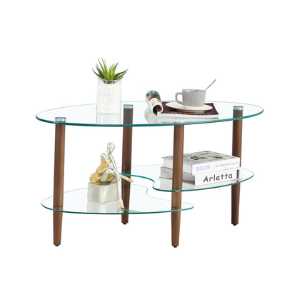 Transparent Oval glass coffee table, modern table in living room Oak wood leg tea table 3-layer glass table image 2