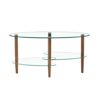 Transparent Oval glass coffee table, modern table in living room Oak wood leg tea table 3-layer glass table image 6