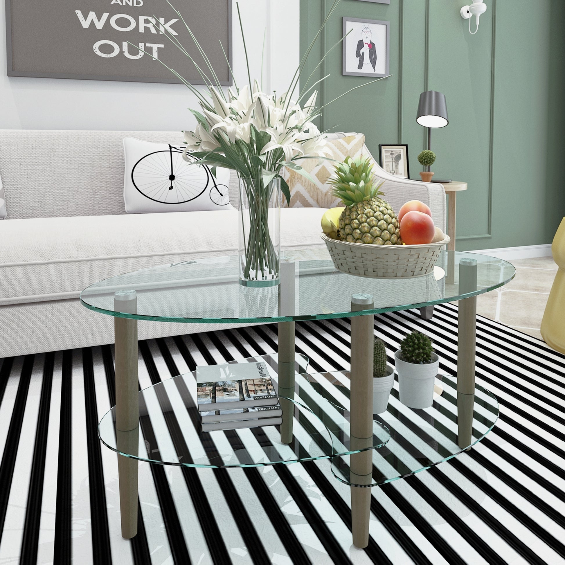 Transparent Oval glass coffee table, modern table in living room Oak wood leg tea table 3-layer glass table image 4