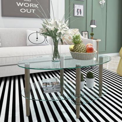 Transparent Oval glass coffee table, modern table in living room Oak wood leg tea table 3-layer glass table image 4