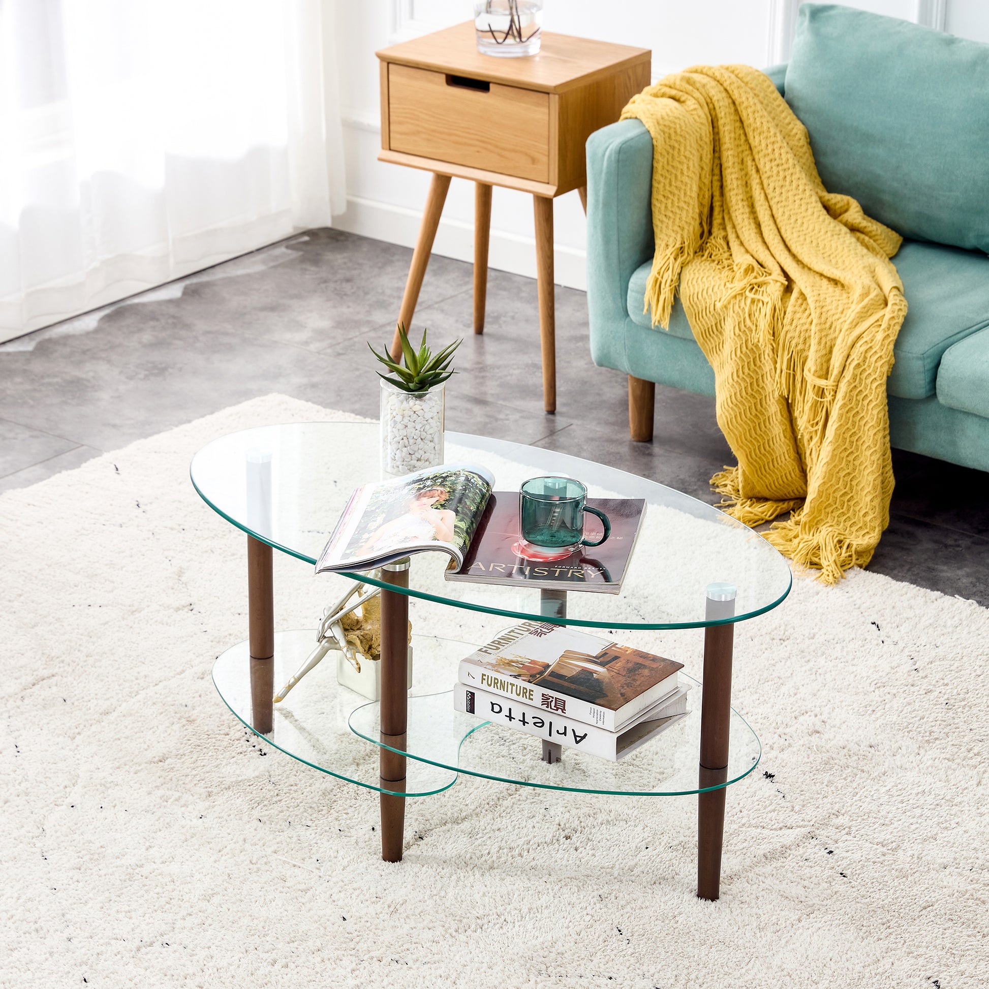 Transparent Oval glass coffee table, modern table in living room Oak wood leg tea table 3-layer glass table image 1