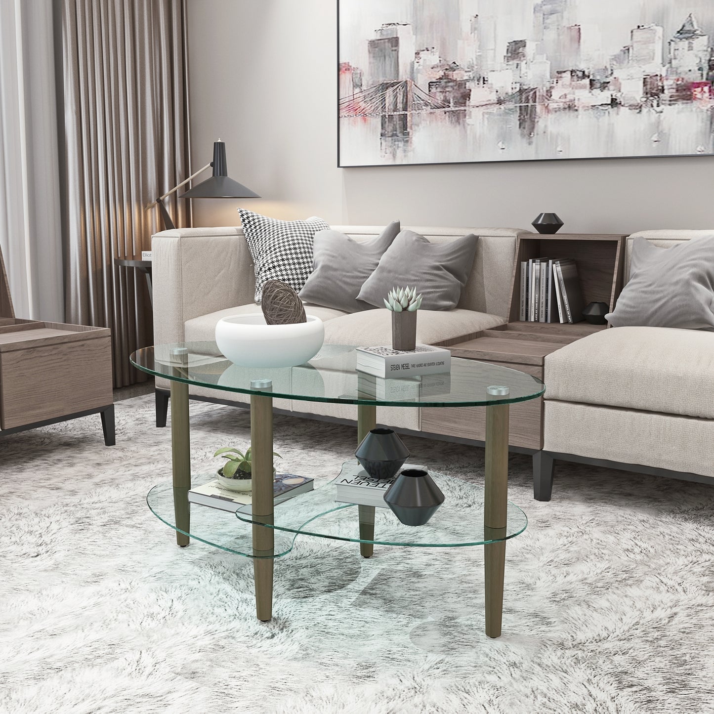 Transparent Oval glass coffee table, modern table in living room Oak wood leg tea table 3-layer glass table image 3