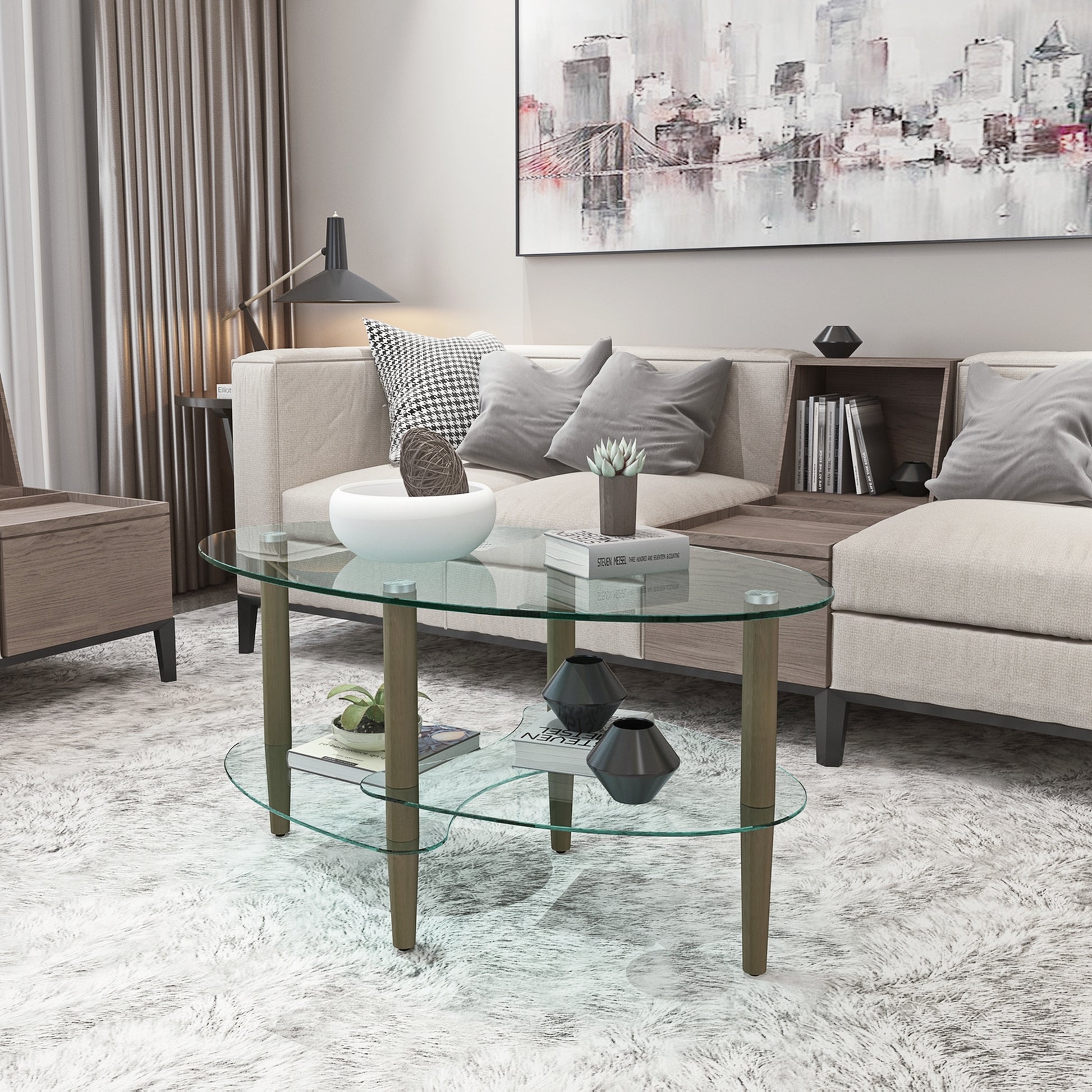 Transparent Oval glass coffee table, modern table in living room Oak wood leg tea table 3-layer glass table image 3