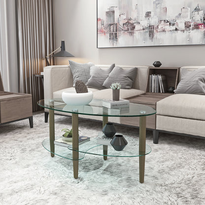 Transparent Oval glass coffee table, modern table in living room Oak wood leg tea table 3-layer glass table image 3